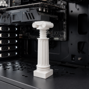 Suporte de GPU ajustável Pilar Grego branco instalado sob a placa de vídeo em gabinete gamer