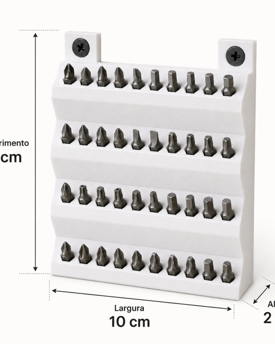 Suporte organizador branco para pontas de parafusadeira com medidas de 11 cm por 10 cm e 2 cm de espessura