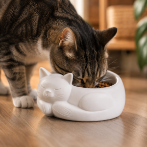 Gato comendo ração em comedouro branco decorativo no formato de gato dormindo