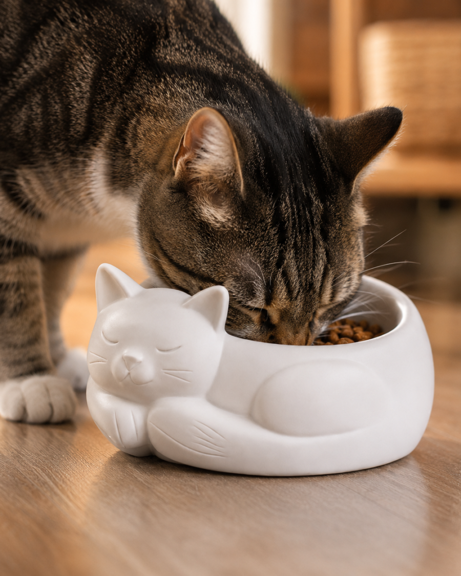 Gato comendo ração em comedouro branco decorativo no formato de gato dormindo