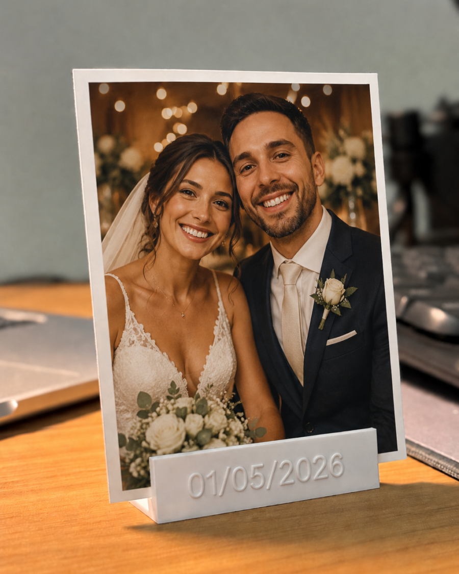 Porta foto personalizado branco com foto de casal no casamento e data 01/05/2026 na base
