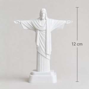 Estátua branca do Cristo Redentor de 12 cm com detalhes, medidas e diferentes vistas do produto