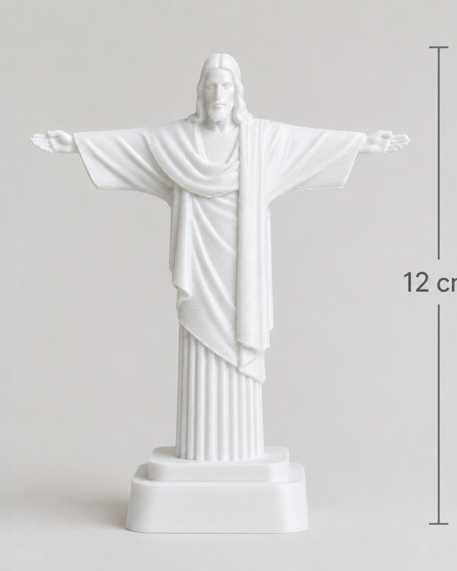 Estátua branca do Cristo Redentor de 12 cm com detalhes, medidas e diferentes vistas do produto