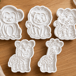 Kit com cinco moldes brancos para biscoitos nos formatos de macaco, leão, tigre, zebra e girafa