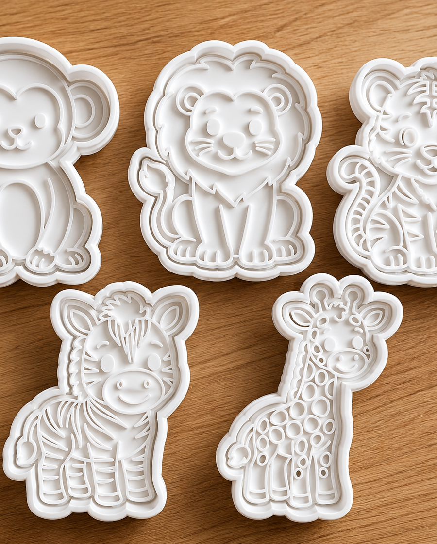 Kit com cinco moldes brancos para biscoitos nos formatos de macaco, leão, tigre, zebra e girafa