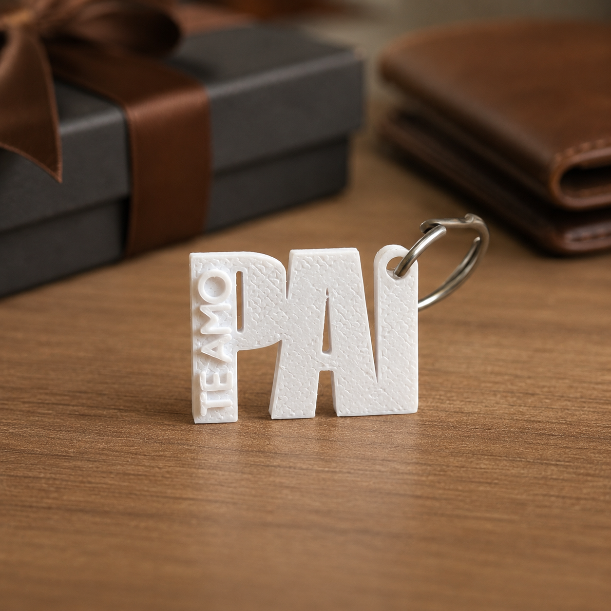 Chaveiro branco personalizado Dia dos Pais com a palavra PAI e detalhe lateral TE AMO sobre mesa de madeira